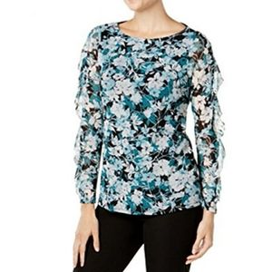 Charter Club Blouse Green Floral Ruffle Mesh New